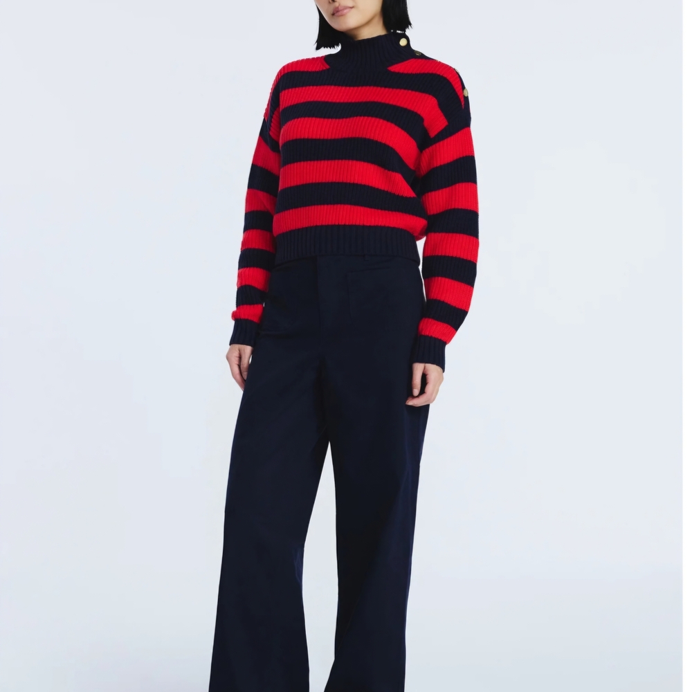 Free Assembly Mock Neck Sweater Red Navy Striped Button Shoulder Ribbed Size S - Picture 4 of 6